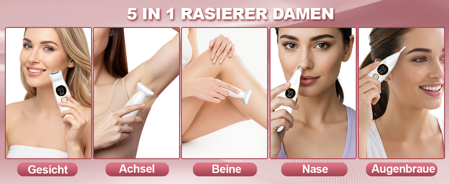 Електричний жіночий тример 5-в-1: для тіла, обличчя, брів та носа. Вологостійкий (IPX7) з USB-станцією.