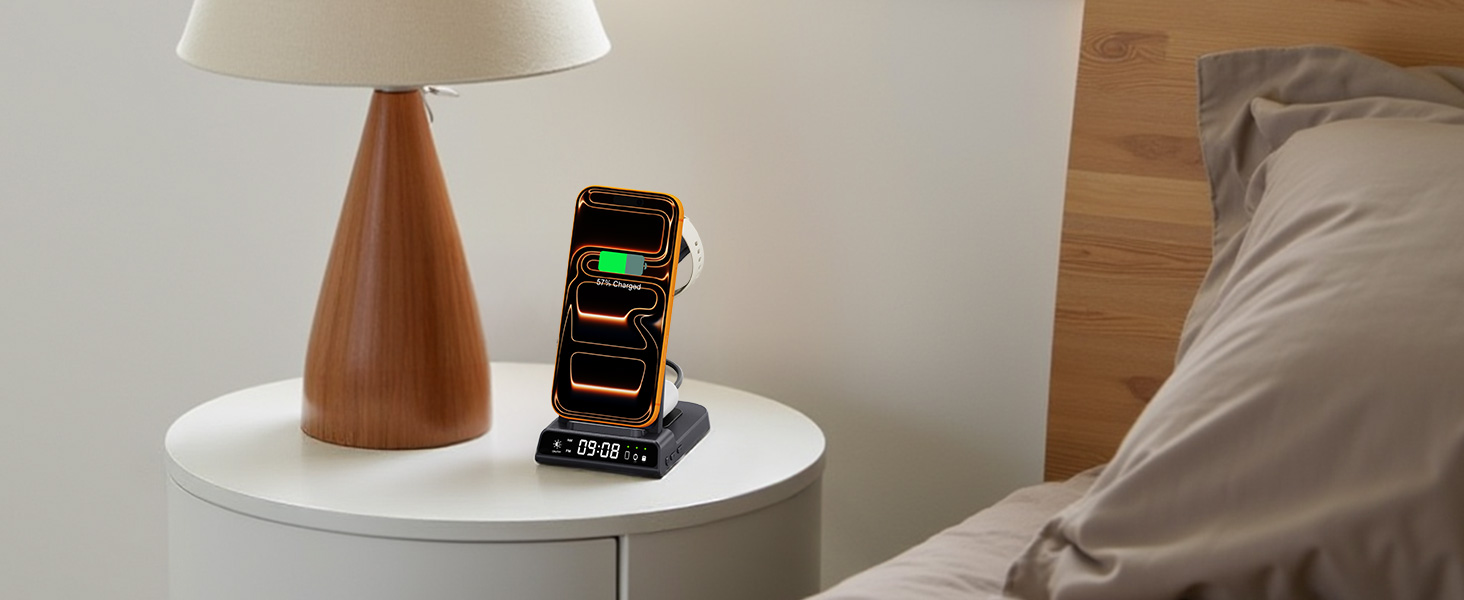 Бездротова зарядна станція 3-в-1 для Garmin Vivoactive/Venu/Forerunner/Instinct/Fenix/Epix 2, Samsung S25/S24, iPhone, AirPods, Galaxy Buds3