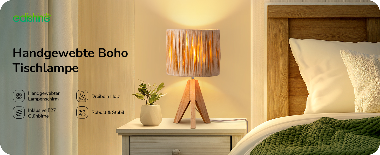EDISHINE Настільна лампа з ручним плетінням, тепле світло 2700K, з дерев'яною підставкою, Boho стиль, для спальні, вітальні, готелю, з LED лампою E27 4W (рафія)