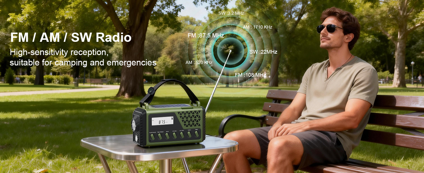 Сонячне радіо на ручку з Bluetooth, AM/FM/SW аварійне радіо з Powerbank 10000mAh, радіо на батарейках з SOS-сигналом, компас, LED-ліхтарик, лампа для читання, для відключення електроенергії, виживання, кемпінгу