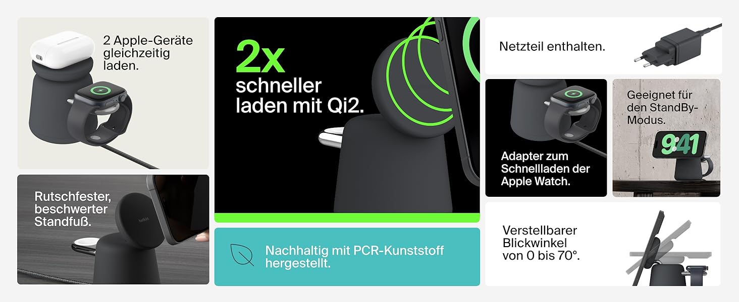 Belkin BoostCharge Pro 2-в-1: Бездротова зарядка Qi2 15W MagSafe для iPhone, Apple Watch, AirPods (Чорний)