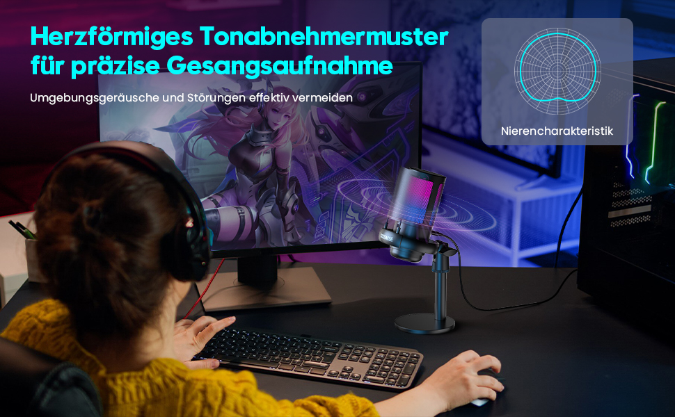 Ігровий мікрофон COCONISE RGB для ПК, стримінгу, подкастів, PS4/PS5, Mac. USB мікрофон з регулюванням гучності та навушником 3.5 мм, з підставкою