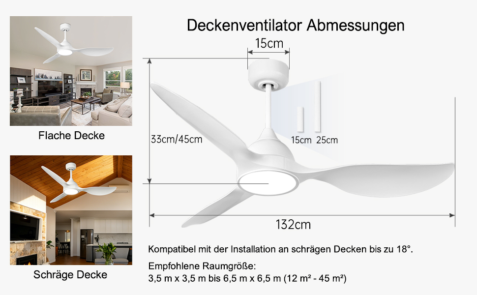 Стеляний вентилятор Reiga з підсвічуванням та пультом дистанційного керування 132 см, тихий реверсивний двигун, 6 швидкостей, таймер, регульована яскравість та 3 колірні температури, світло-коричневі лопаті (білий, з пультом)