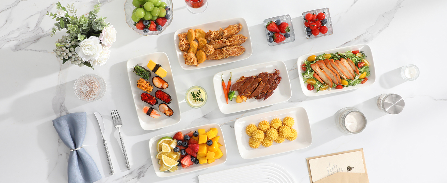 Сервірна таця MALACASA з порцеляни, 6-ти частинний набір, прямокутна, 25 x 14 см, біла. Ідеально для буфетів, суші, тортів та закусок вдома та в ресторані.