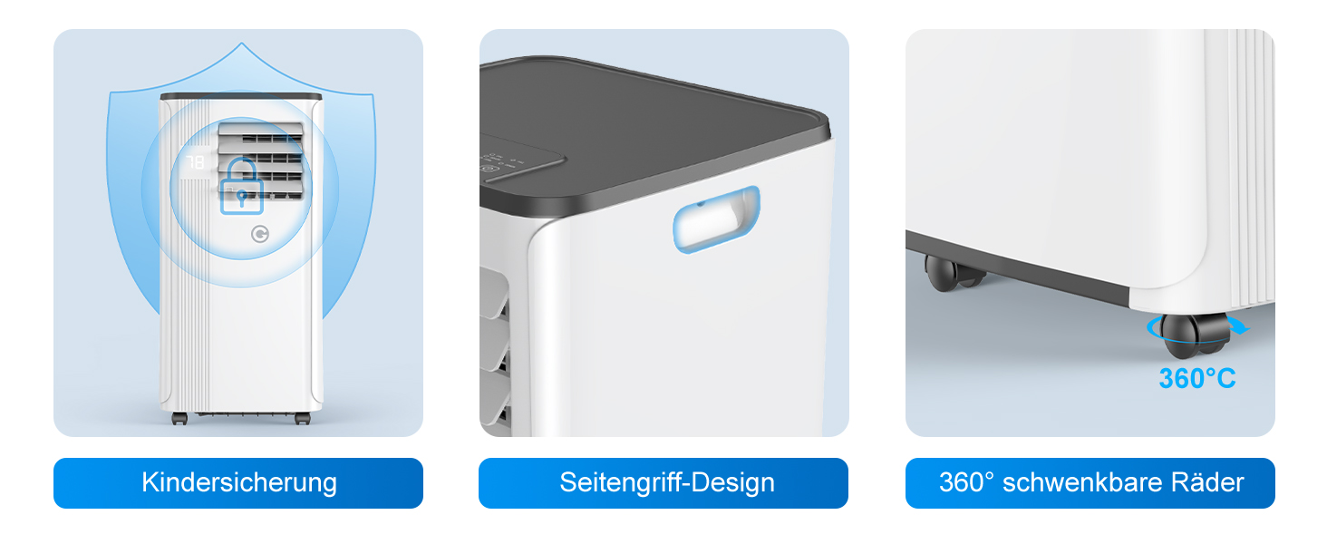 Мобільний кондиціонер Klimaanlage 9000 BTU 3-в-1: охолодження, осушення, циркуляція повітря, LED дисплей, пульт, таймер, тихий, енергоефективний, для приміщень до 88 м³