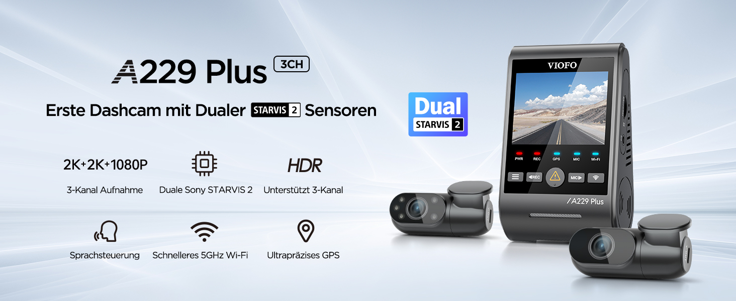 Відеореєстратор VIOFO A229 Plus 2K+2K+1080P, 3 камери, STARVIS, HDR, GPS, Wi-Fi 5GHz, нічна зйомка 2.0, голосове управління