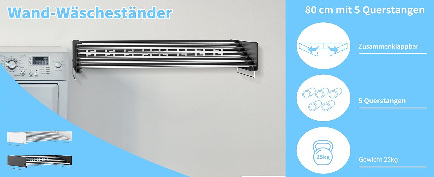 Настінний сушильник для білизни з 80 см штангами, 5 ліній сушіння, розкладний, для дому та вулиці, чорний, 80 см