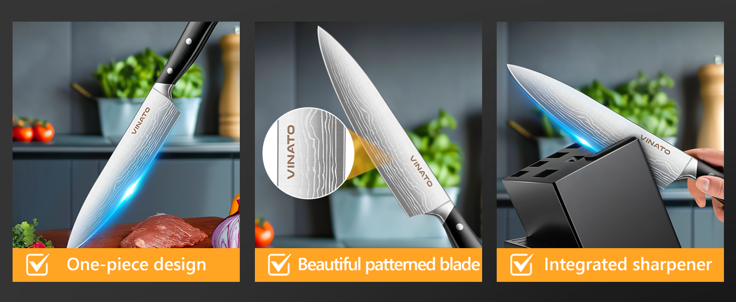 VINATO 14-Piece Knife Block Set with Sharpener - Damascus Pattern Kitchen Knife Set - Professional Chef's Knife Set, Black