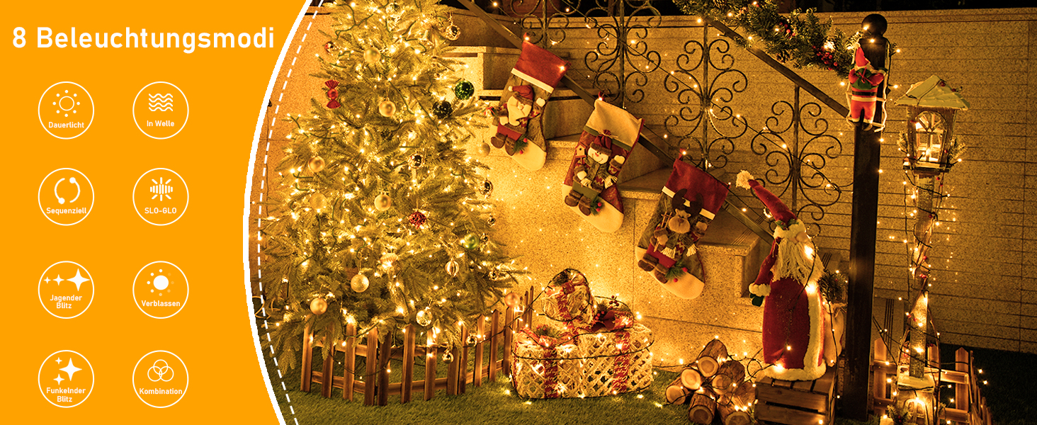 Гірлянда світлодіодна святкова, 30м, 300 LED, з таймером, 8 режимів, водонепроникна, зелений кабель, тепле біле світло, для декору, вечірок, саду, на різдво