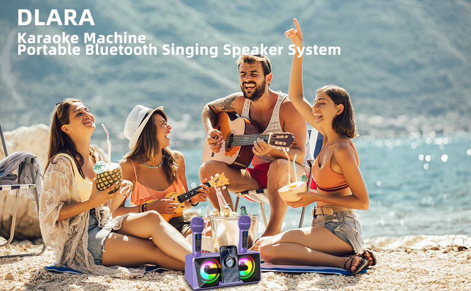 Караоке-машина з 2 бездротовими мікрофонами, Bluetooth, світлові ефекти, підставка для телефону (Lila)