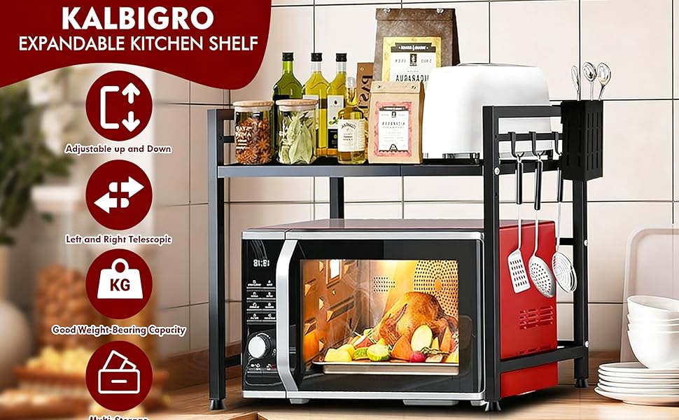 Регульована полиця для мікрохвильової печі, 2-ярусна розширювана кухонна полиця на стільницю, кухонна полиця зі сталі, полиця для мікрохвильової печі з 8 гачками, тримач для кухонного приладдя, чорний