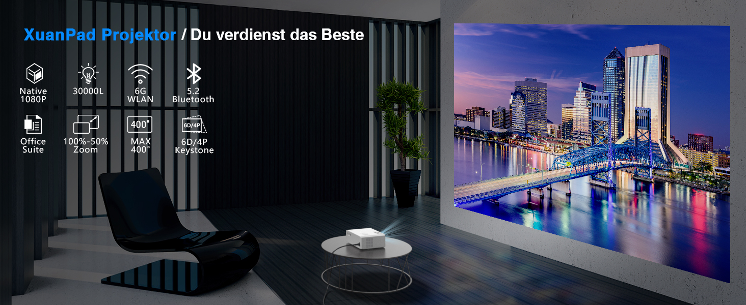 Проектор Smart Beamer 4K з автофокусом TOF 28000L, WiFi6, Bluetooth, обертання 210°, для дому та на вулицю, сумісний з Netflix, підключення до телефону/ПК