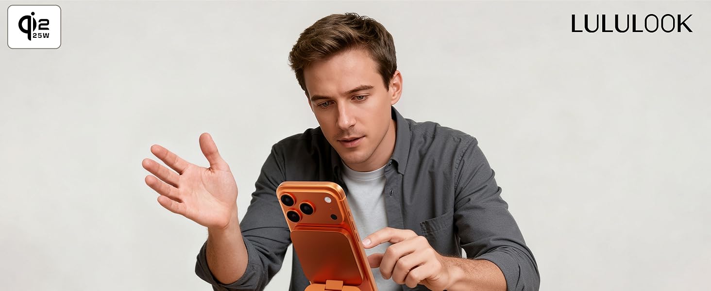 Зарядний пристрій 3-в-1 LULULOOK Ultra Kompakt Qi2.2 25W, MagSafe для iPhone 17/16, Apple Watch, AirPods, GaN 45W, помаранчевий