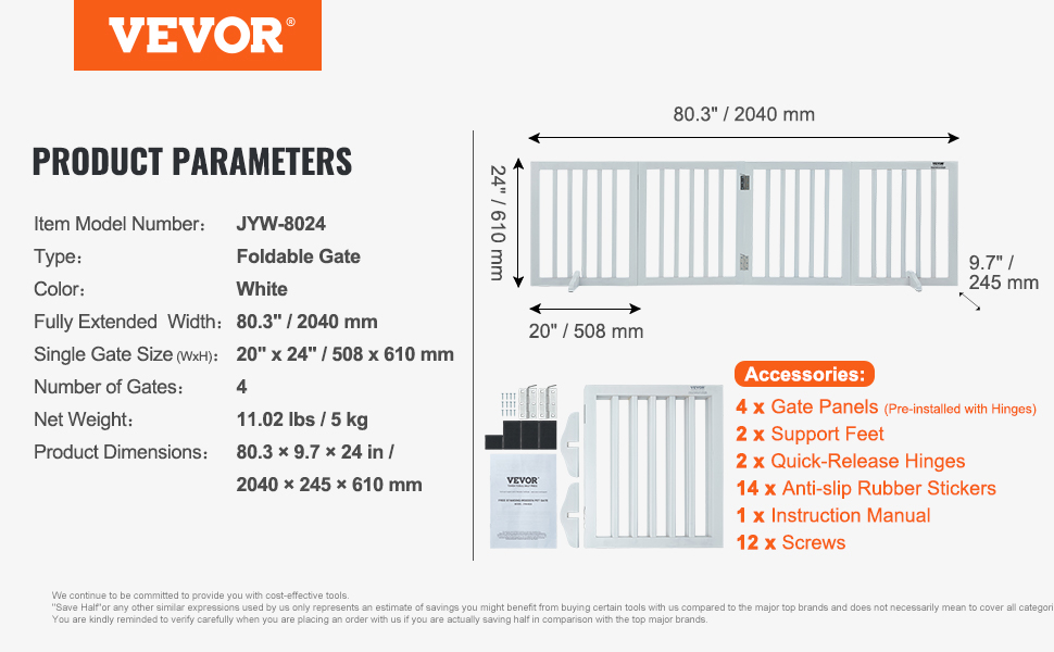 Ворота для собак VEVOR, захист для домашніх тварин, 508 x 610 мм, 4-секційні, розкладні, білі. Захист для сходів та дверних прорізів.