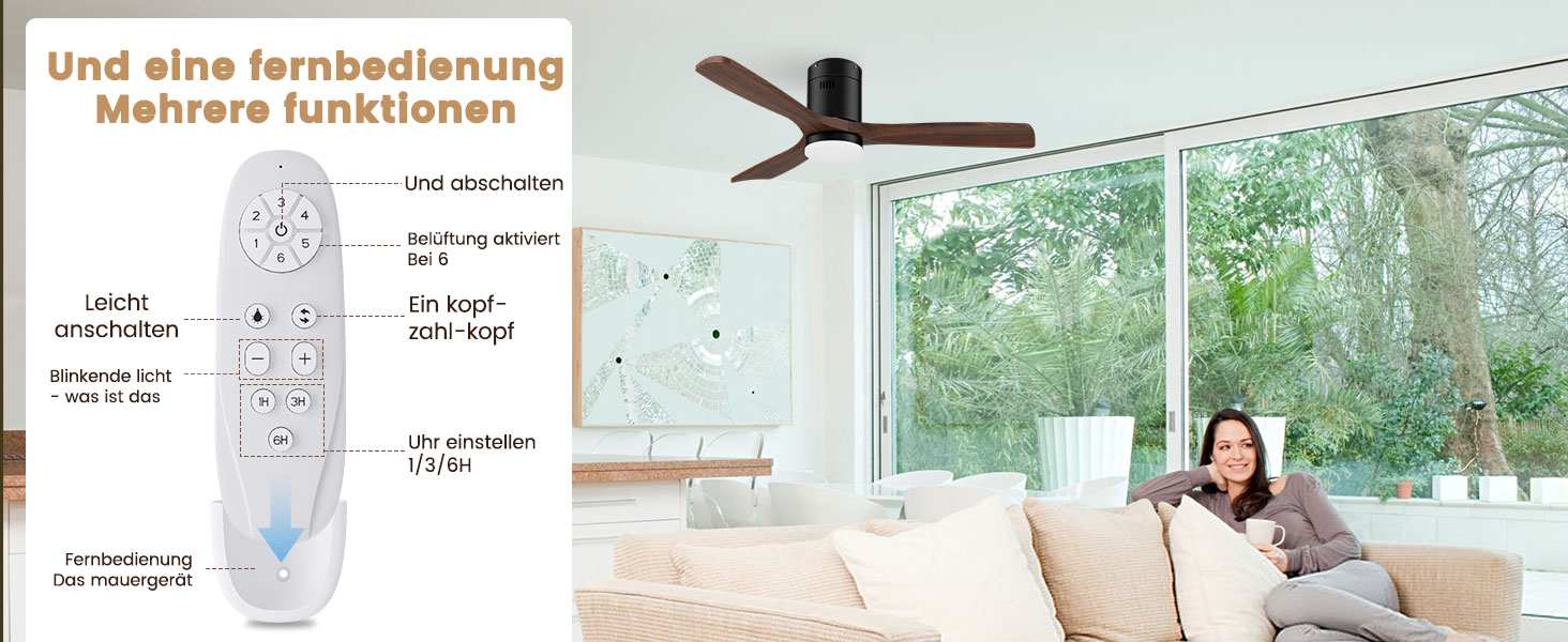 Стеляний вентилятор з дерева з підсвічуванням та керуванням, 132 см, 24W LED, DC-двигун, 6 швидкостей, таймер, пульт дистанційного керування