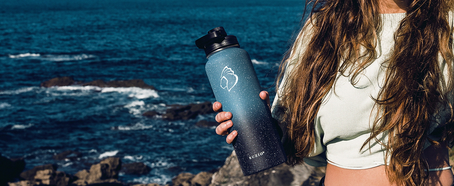 Insulated water bottle, 2 l, stainless steel, with straw lid and Flexseal closure, keeps cold for 48 hours, hot for 24 hours, double-walled, wide opening, BPA-free, leak-proof, (1180 ml, Black)