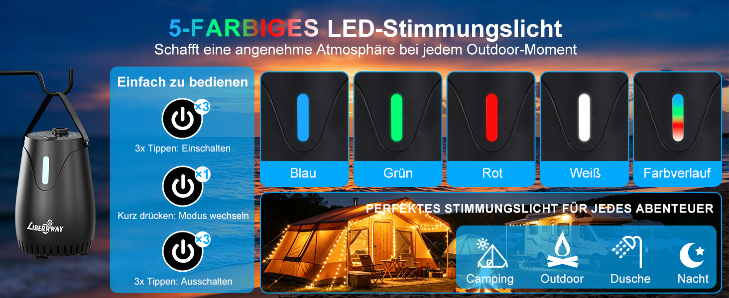 Портативний акумуляторний душ LIBERRWAY Campingdusche 8000mAh для кемпінгу, саду, авто – IPX8, 5 режимів, 2м шланг