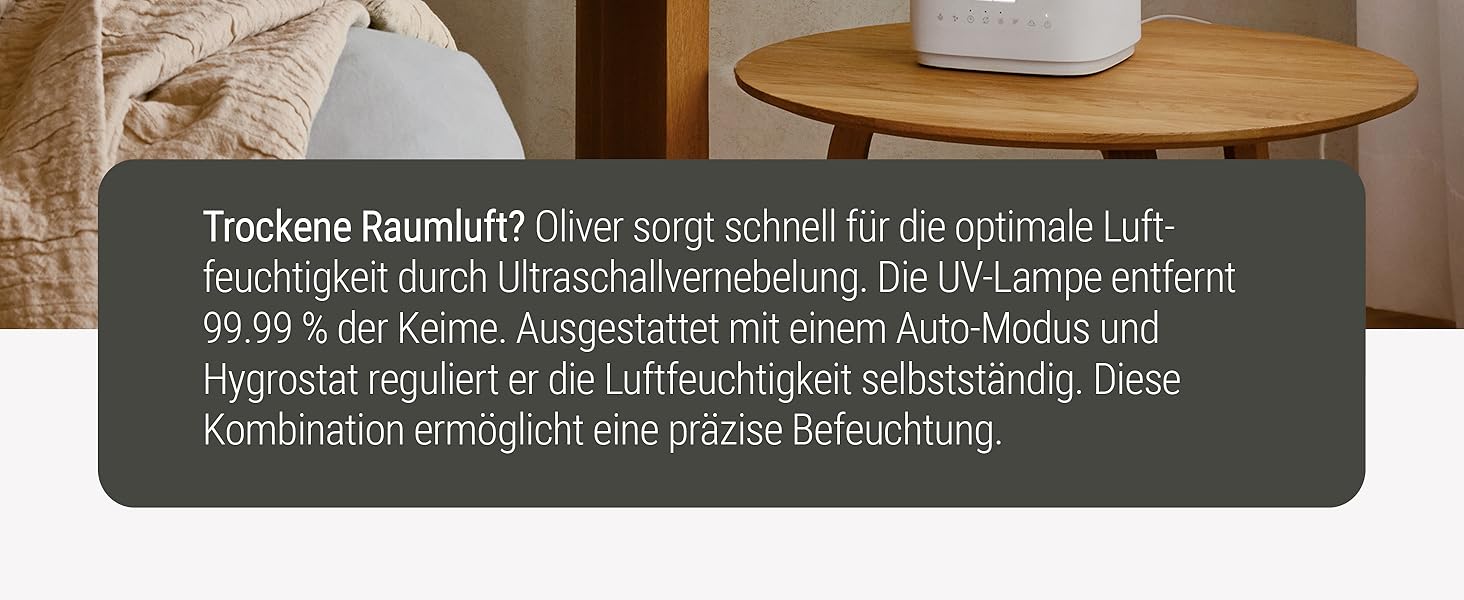Зволожувач повітря Stadler Form Oliver, для великих приміщень до 60 м², тихий, компактний, потужний, 6 режимів, авто-режим, вимкнення LED, бездимний туман, чорний