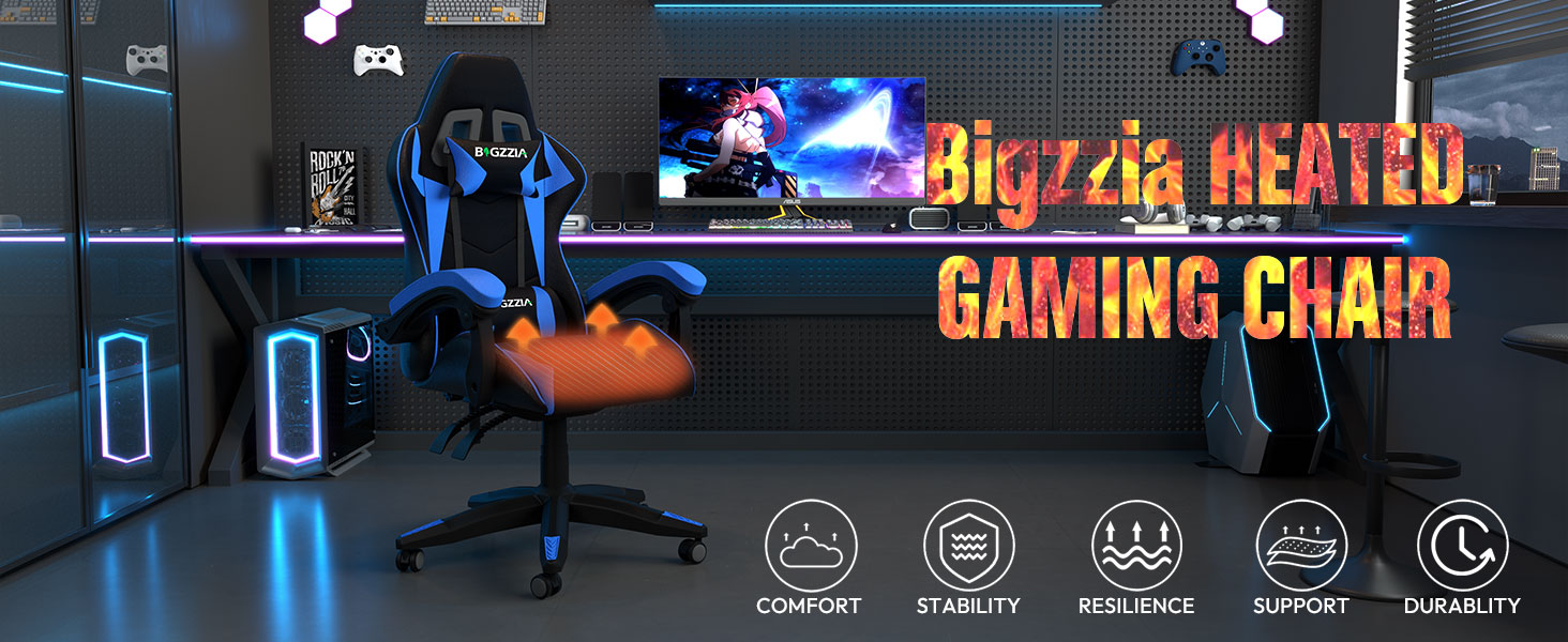Ігрове крісло Bigzzia Gaming Stuhl з підігрівом, регульована спинка 90-135°, ергономічний геймерський стілець (Синій)