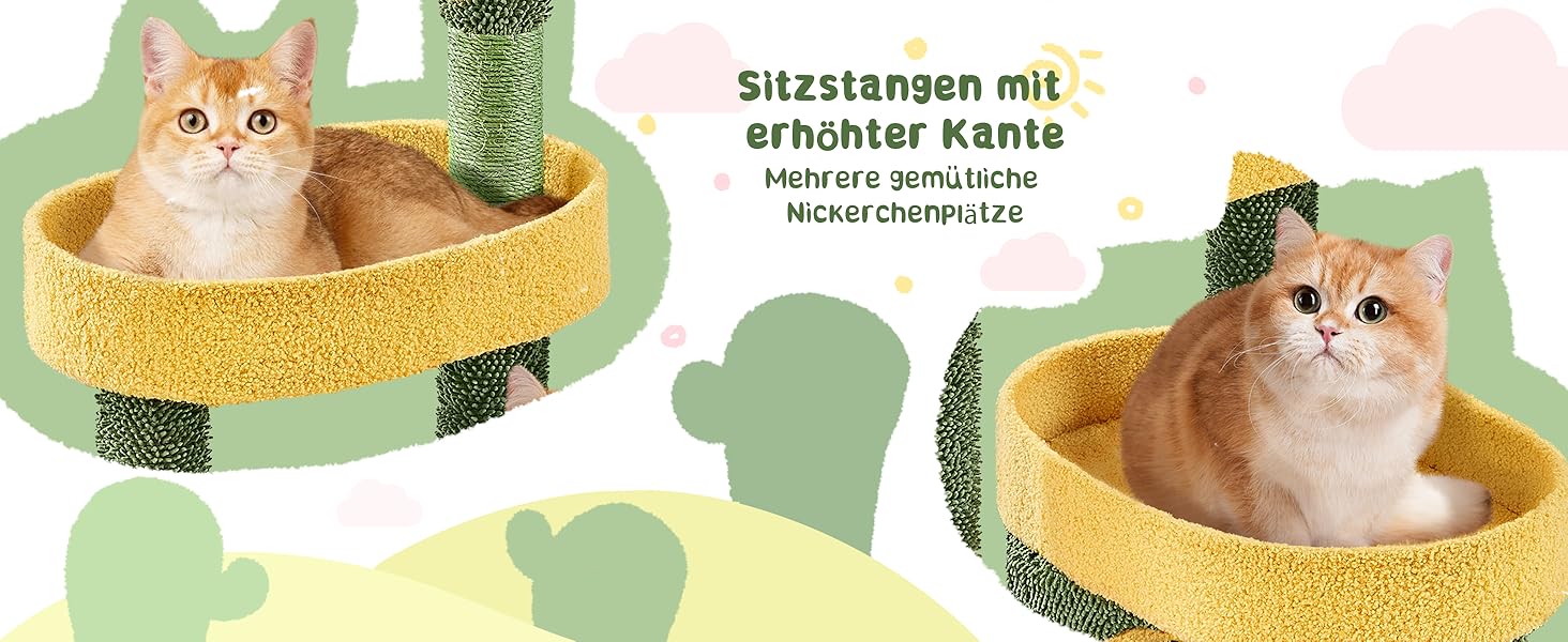 Дерево-кіготь для котів Yaheetech Kaktus, 123 см, оазис-тема, зелено-жовтий, для 2-3 котів, з 2 платформами та 2 печерами