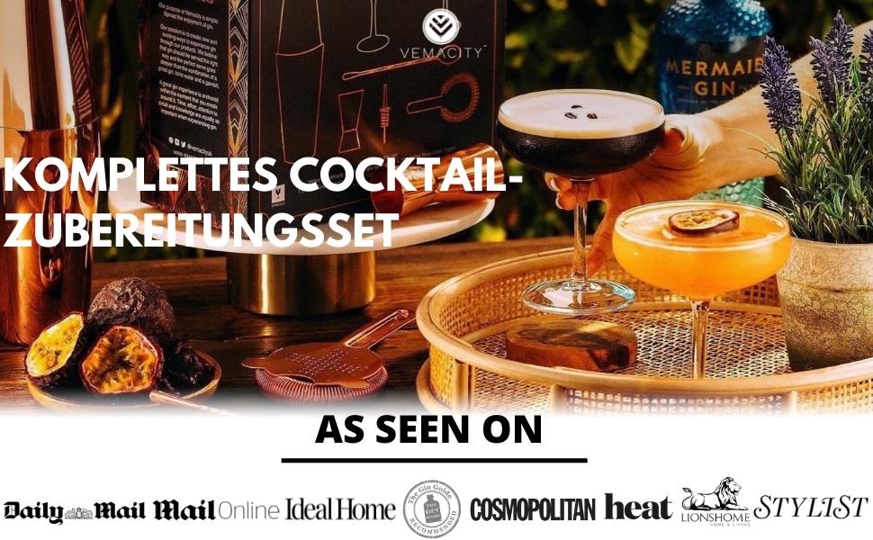 Набір для коктейлів з шейкером та 2 бокали Мартіні, рожеве золото, аксесуари для бармена, подарункова коробка з рецептами