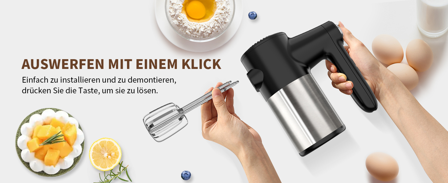 Бездротовий міксер з цифровим дисплеєм, 7 швидкостей, акумуляторний, з 6 насадками з нержавіючої сталі (міксер, вінчик, гачок для тіста) та підставкою для зберігання