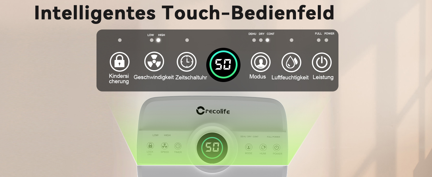Електричний осушувач повітря Crecolife 12L/24h, 190W, для приміщень 20м², з цифровим дисплеєм та сенсорною панеллю керування, 3 режими осушення, 2 варіанти зливу, таймер 24г