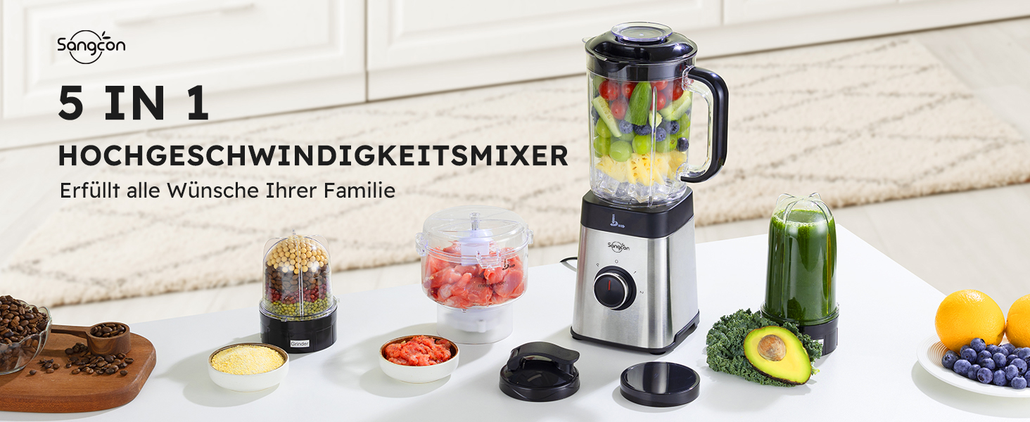 Sangcon 5-in-1 Stand Mixer & Smoothie Maker - 500W Power, 3 Speed Settings, Pulse Function, Glass & Stainless Steel Cups