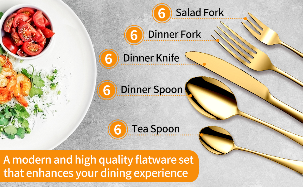 Набір столових приборів Aoeeppa на 6 осіб (30 предметів) з нержавіючої сталі, золотий