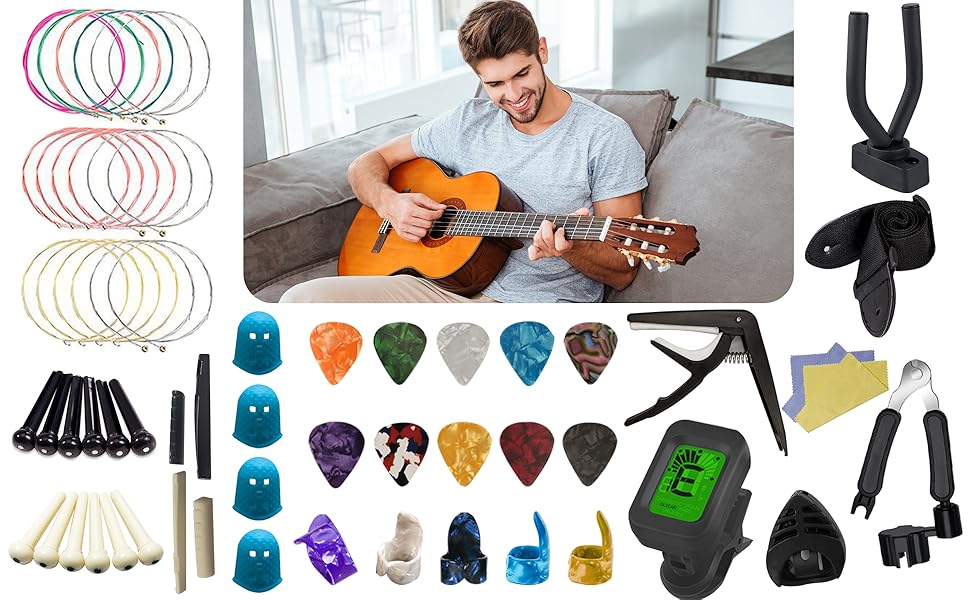 Набір аксесуарів для гітари TTCR-II, 78 шт: стійка, тюнер, каподастр, медіатори, струни, фінгерпіки, захист пальців, ремінь