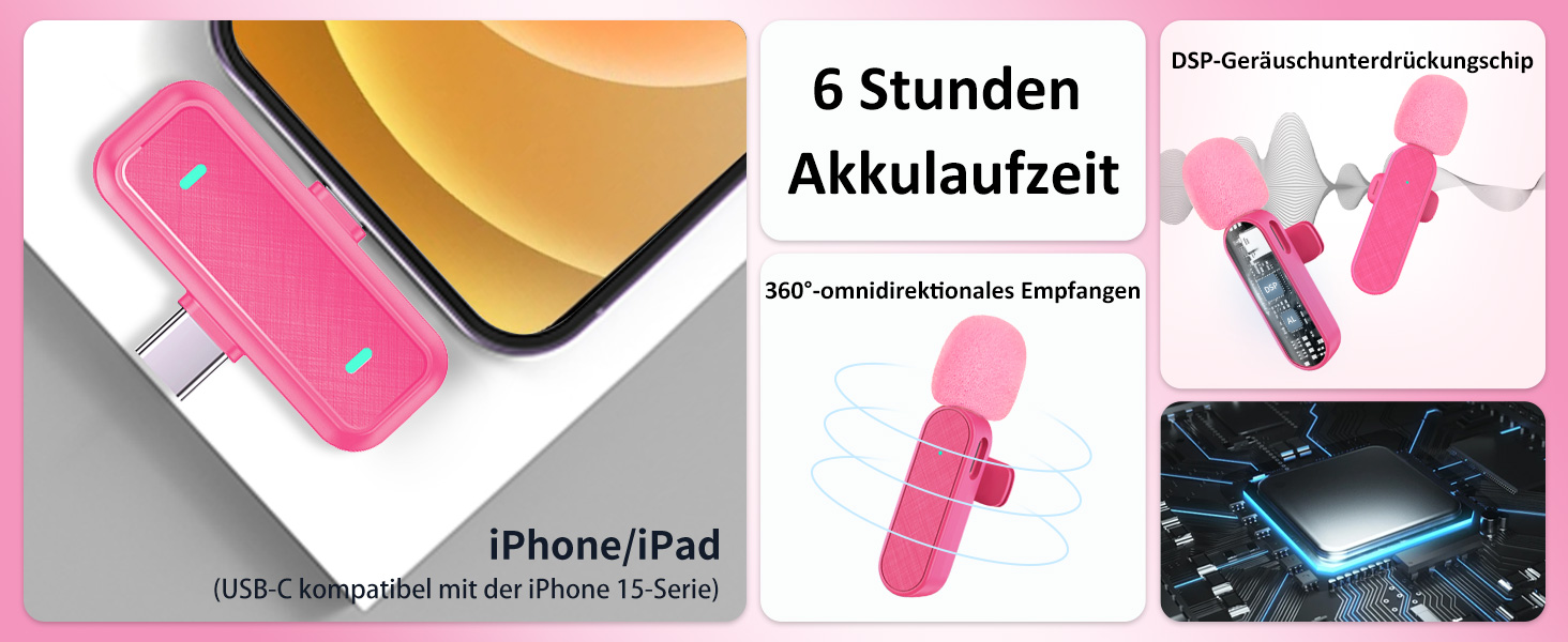 Беспроводной петличный микрофон Bayanbulu для iPhone, iPad, Android, TikTok, YouTube, Vlog (2 шт., Розовый)