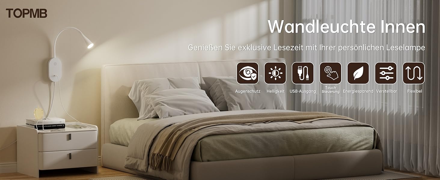Нічник-лампа для читання Wandleuchte з USB, 5 рівнів яскравості, сенсорне керування, гнучкий кронштейн, білий