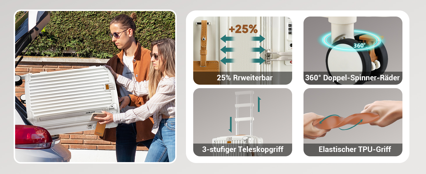 Чемодан Joyway ABS, розширюваний, з TSA замком та 4 колесами, набір: великий та невелика валіза + сумка для туалетних речей, зелений (білий, 56 см, ручна поклажа)