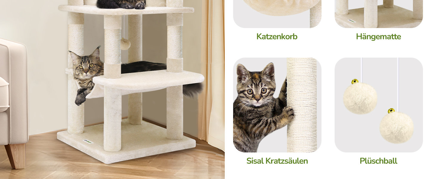 Драбина для котів Globlazer велика, стабільна кутова з котячим будиночком, платформа, гамак, м'який кошик, 130 см, для великих котів (C51, XL, Бежевий)
