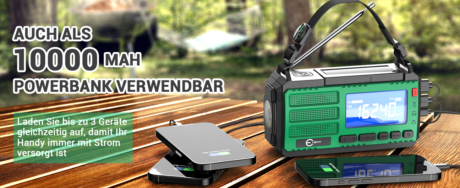 Радіо Kurbelradio з сонячною панеллю Esky, 10000mAh, AM/FM, SOS-сигнал, компас, LED-ліхтарик, живлення для смартфона, для надзвичайних ситуацій та кемпінгу, зелене