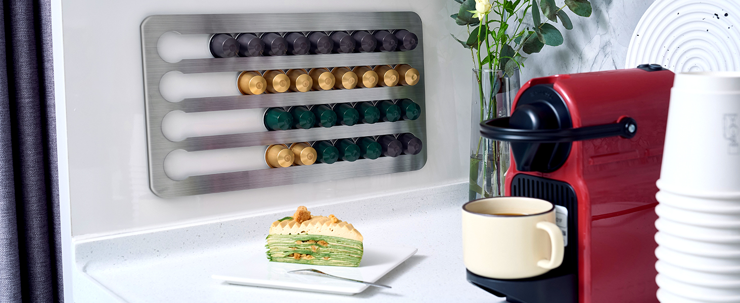 Тримач-органайзер для капсул Nespresso Original з нержавіючої сталі на 40 шт, поворотний самоклейний диспенсер для кухні (40.6 x 21.8 см)