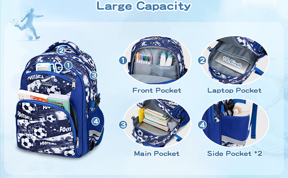 Дитячий рюкзак Cusangel для дівчаток та хлопчиків, ергономічний, регульований, водостійкий, з нагрудним ременем (синій, з футбольною тематикою)