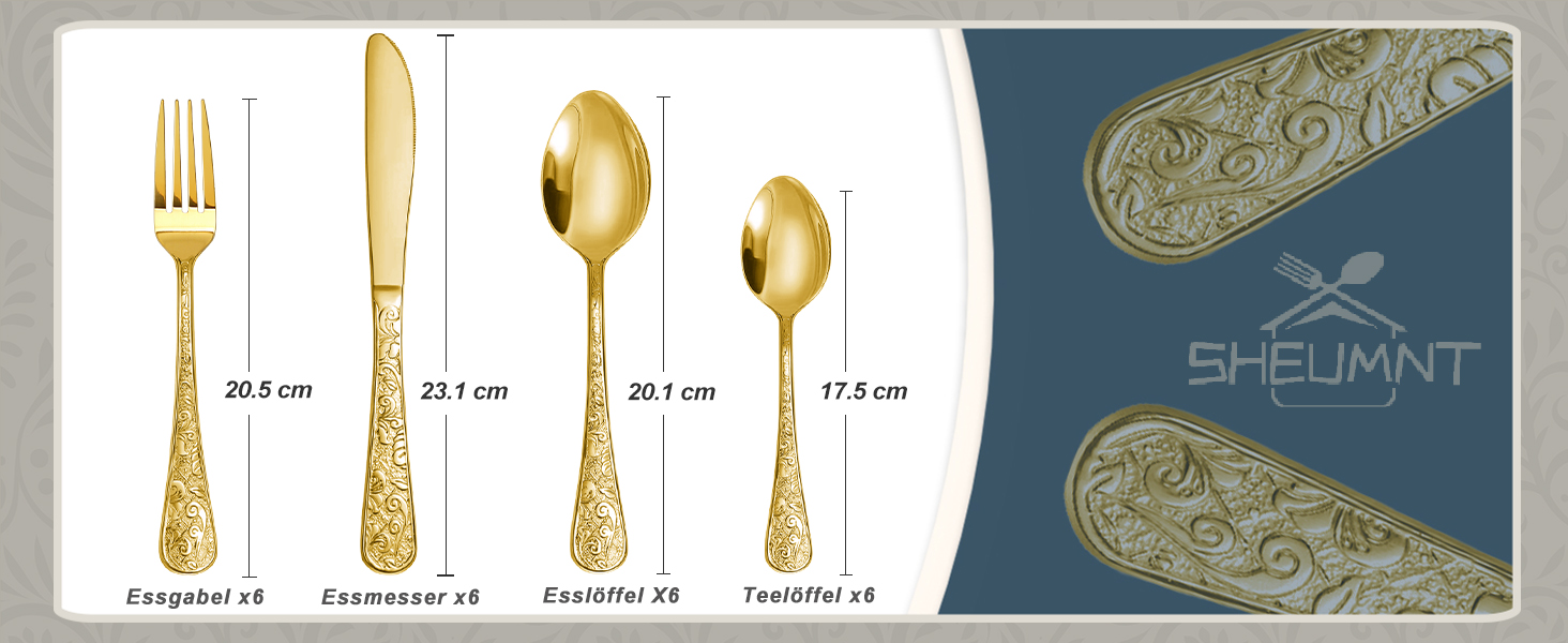Набір столових приборів 24 предмети в золотистому вінтажному стилі для 6 осіб, нержавіюча сталь, з гравіюванням, високоякісне полірування