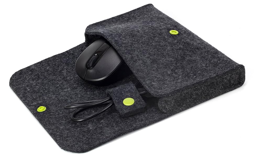 Wool felt bag for electronics accessories, anthracite color, red button