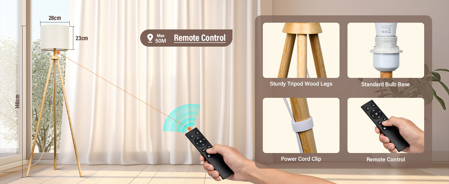 Стельова лампа для вітальні, LED, регулювання яскравості, 3 колірні температури, дерев'яна, з таймером, з абажуром, з вимикачем для вітальні, спальні, офісу