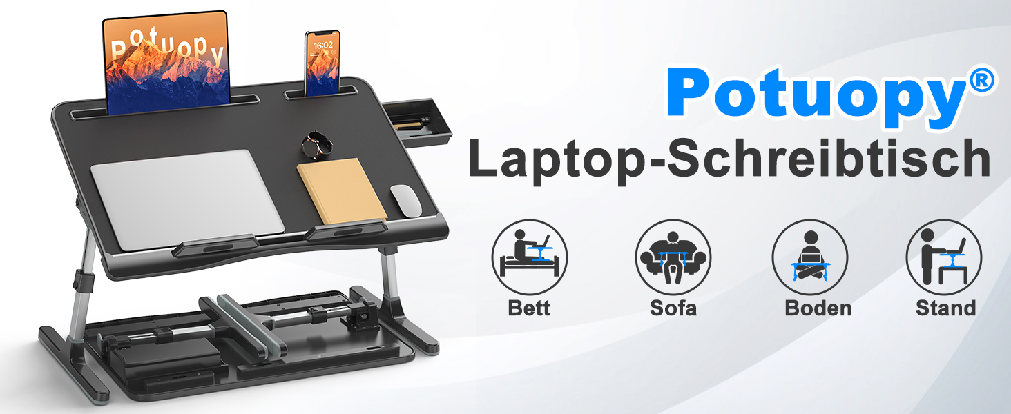 Стіл для ноутбука Potuopy з регульованою висотою та кутом нахилу, складний, великий розмір (60*40 см), чорний, з еко-деревом для роботи, читання та їжі на ліжку/дивані