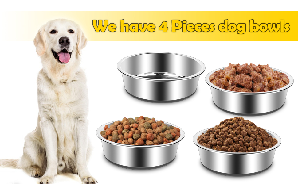 Набір з 4 мисок для собак з нержавіючої сталі, неслизькі миски для корму та води, підходять для собак маленьких, середніх та великих порід