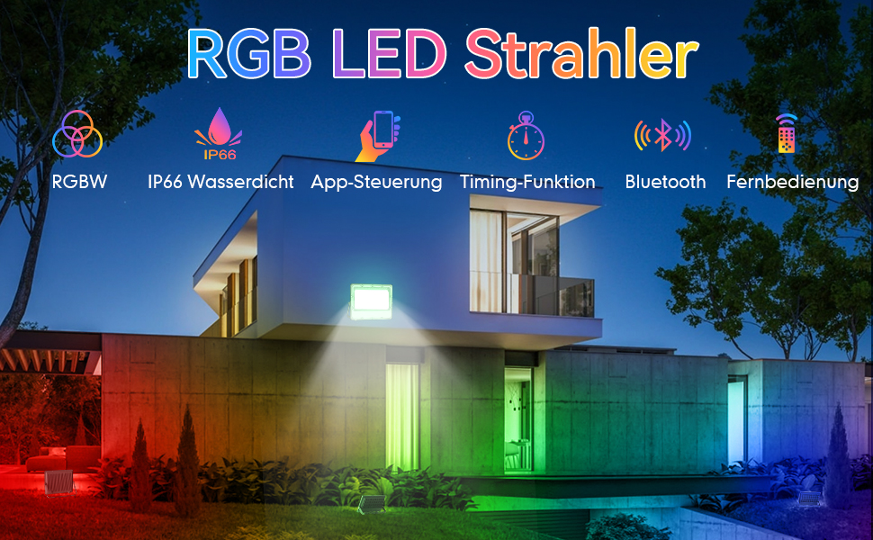Комплект з 2 RGB LED прожекторів 30W для вулиці, 16 млн кольорів, Bluetooth APP та 2.4G пульт, IP66, диммований, для саду, Хелловіну, Різдва, вечірок (загальна потужність 150W)