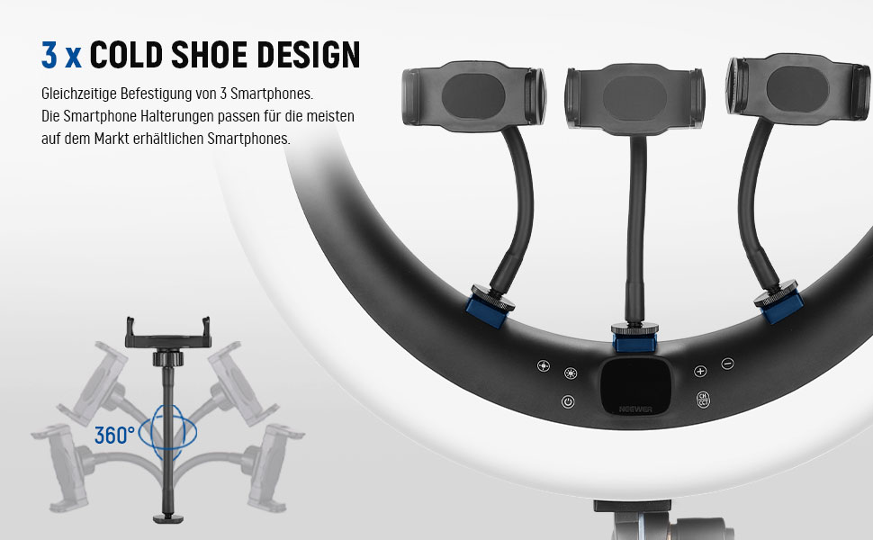 NEEWER Ringlicht RP19H 19 дюймів з триподом та 3 тримачами для телефону, дистанційне керування 2.4G, плавне регулювання яскравості, LCD та сенсорне керування, 42W CRI 97+ 2540 Lux, для стрімінгу, дому, офісу, Zoom, освітлення, кільцева лампа з пусковим пристроєм (кріплення для телефону, серветка для очищення)