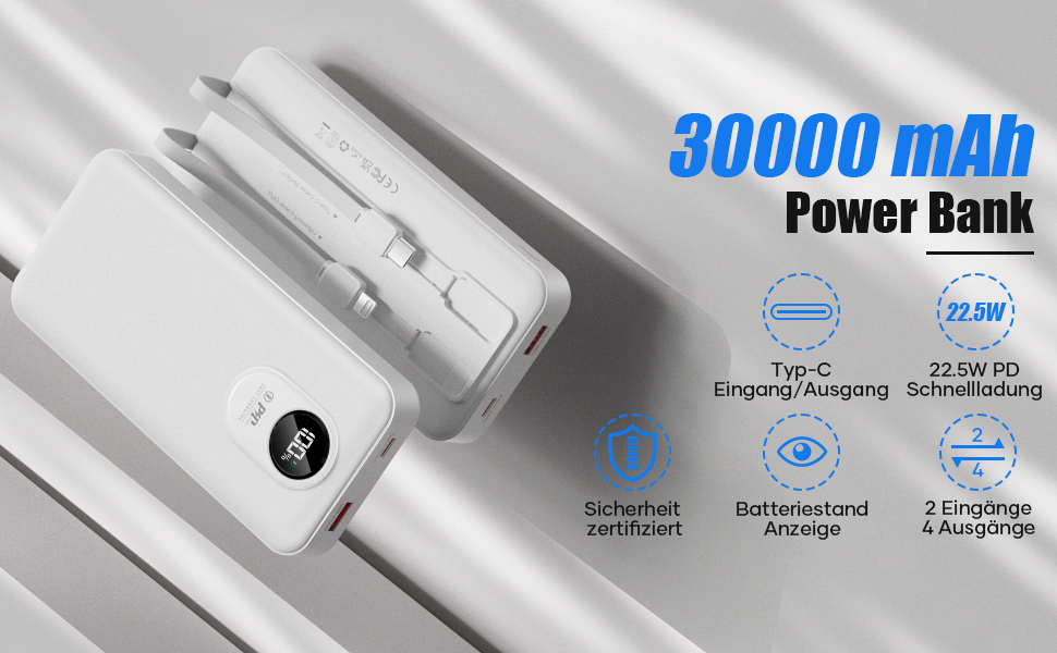 Power Bank 30000mAh з вбудованим кабелем: Швидка зарядка PD 22.5W, зовнішній акумулятор з великою ємністю, 4 виходи та 2 входи