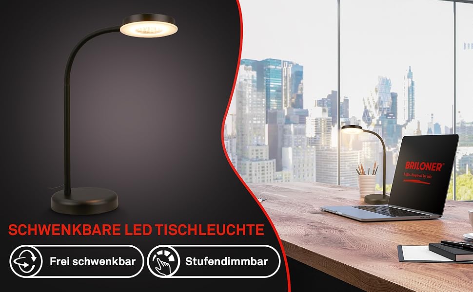 LED лампа BRILONER для столу з сенсорним управлінням, регульована яскравість, поворотна, чорна. Ідеально для дому та офісу, читання. Розміри: 32,5x13x40 см