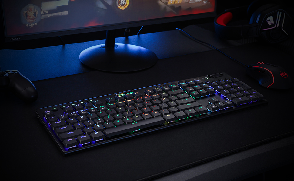 Redragon K618 Horus - Механічна ігрова клавіатура з RGB підсвічуванням, 3 режими підключення (BT/2.4GHz/кабель), плоскі клавіші, лінійні червоні перемикачі, медіа-керування