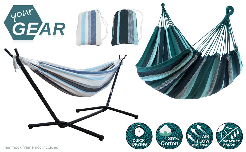 Гамак yourGEAR Maui XL 220x120 см, зелений (Смарагд) або блакитний (Аква), бавовна, до 240 кг, з сумкою для транспортування