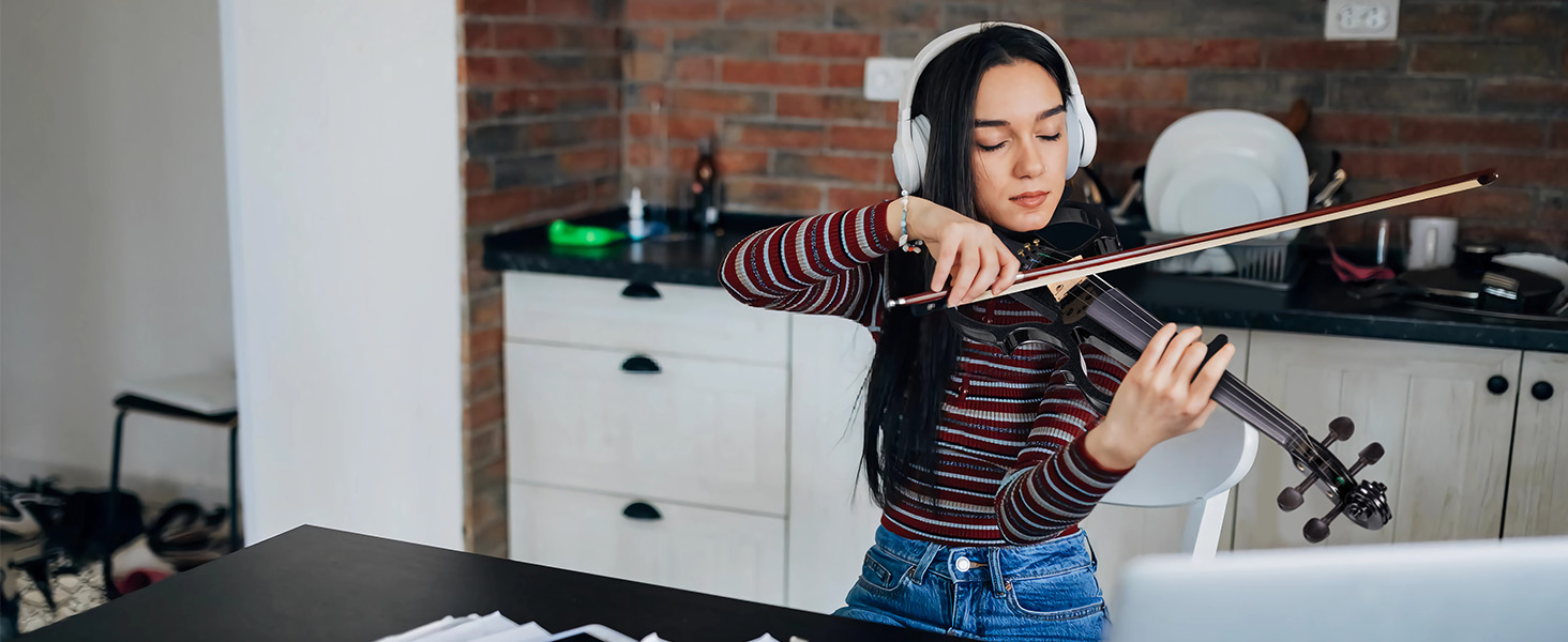 Електрична скрипка Vangoa 4/4 з цільного дерева, повного розміру, з усіма аксесуарами (колінь, чохол, кабель, підставка, смычок)