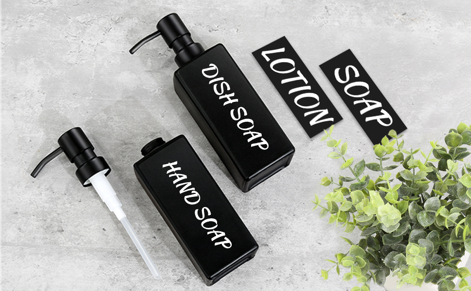 Набір мильниць MIUSITE 2 шт. по 350 мл з нержавіючою сталевою помпою, для мила та миття посуду, сучасні скляні флакони для ванної кімнати та кухні з водонепроникними етикетками, чорного кольору